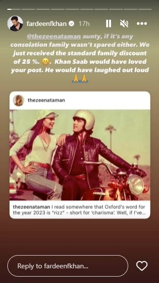 Fardeen's Epic Response To Zeenat In Favour Of Father Feroz 94 Fardeen khan responds to Zeenat's post