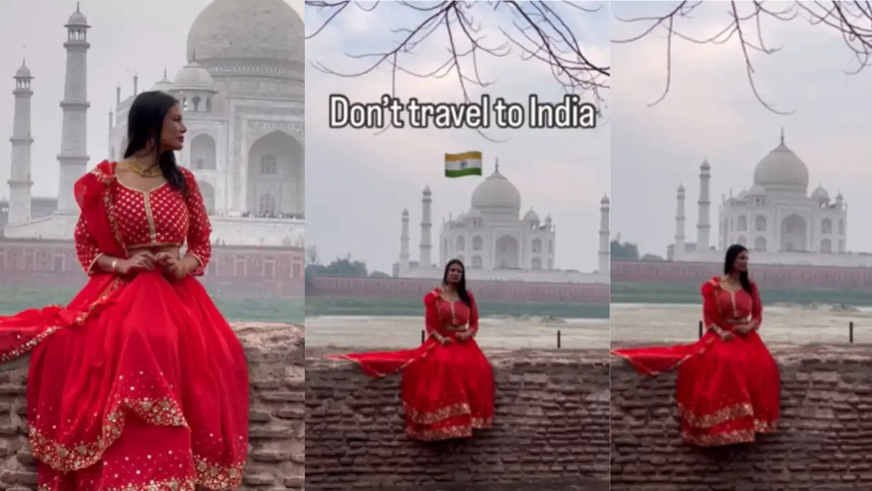 Foreign Woman in Red Lehenga at Taj Mahal Says 'Don't Travel to India,' Goes Viral 89 Foreign Woman In A Red Lehenga In Front Of The Taj Mahal Goes Viral