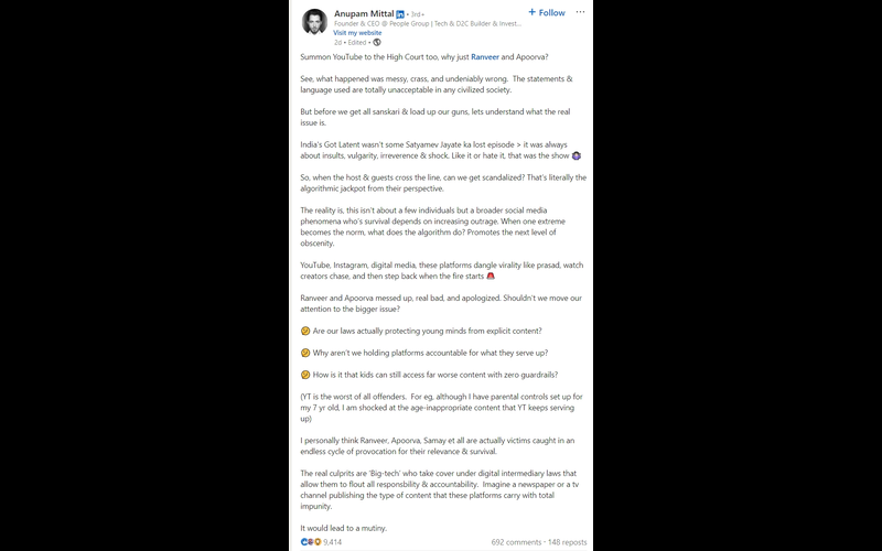 Social Media to Blame? Anupam Mittal Speaks on India's Got Latent Case 90 Anupam Mittal's Post