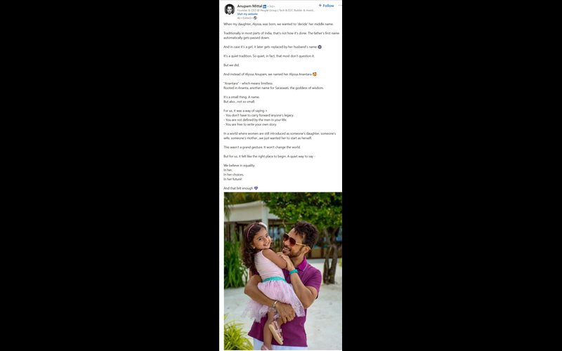 Anupam Mittal Breaks Tradition, Gives Daughter a Middle Name of Her Own 93 Anupam Mittal's Post