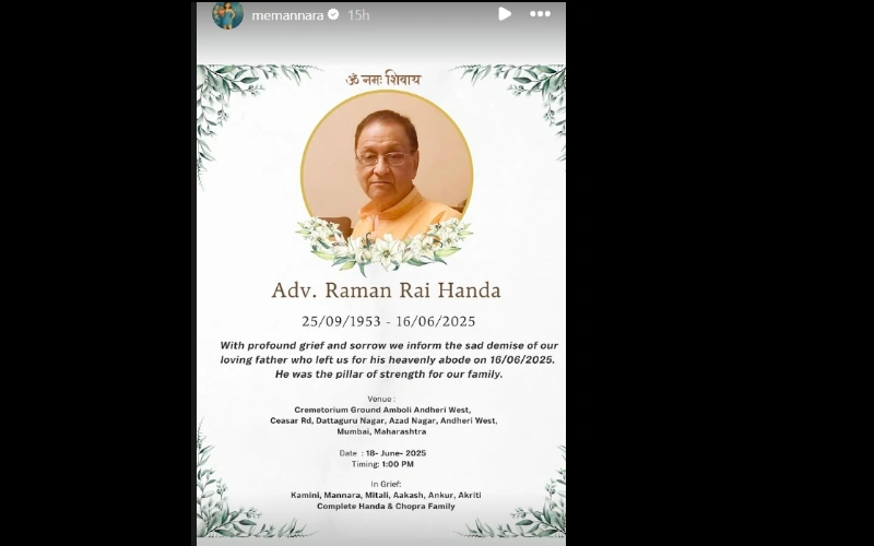 Mannara Chopra’s Father Raman Rai Handa Passes Away at 2025 at 72 93 Mannara Chopra's Post